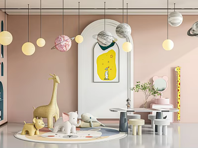 Pastel Pink Playroom Interior With Hanging Planet Decorations Giraffe Plush Round Rug And Small Table 3d model