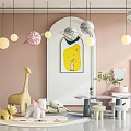 Pastel Pink Playroom Interior With Hanging Planet Decorations Giraffe Plush Round Rug And Small Table
