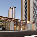 Modern Residential Entrance Design With High Rise Buildings Golden Frame Stone Walls And Driveway