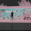 Popular Photo Check-in Spot With Pink Cherry Blossom Decor And Cartoon Elements