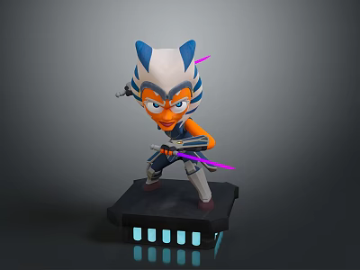 Cat Eared Warrior Character Holding Purple Lightsaber On Black Base With Blue Lights 3d model