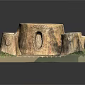Rustic Wooden Stump Model with Stone Base and Green Grass Decor 3d model