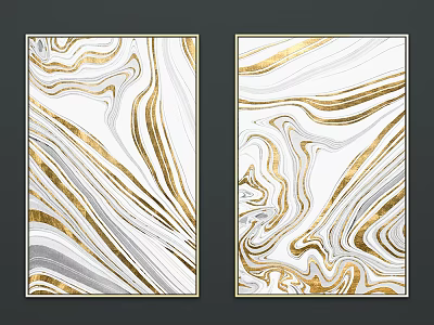 Abstract Painting With Gold White Marble Texture And Black Frame Wall Art 3d model