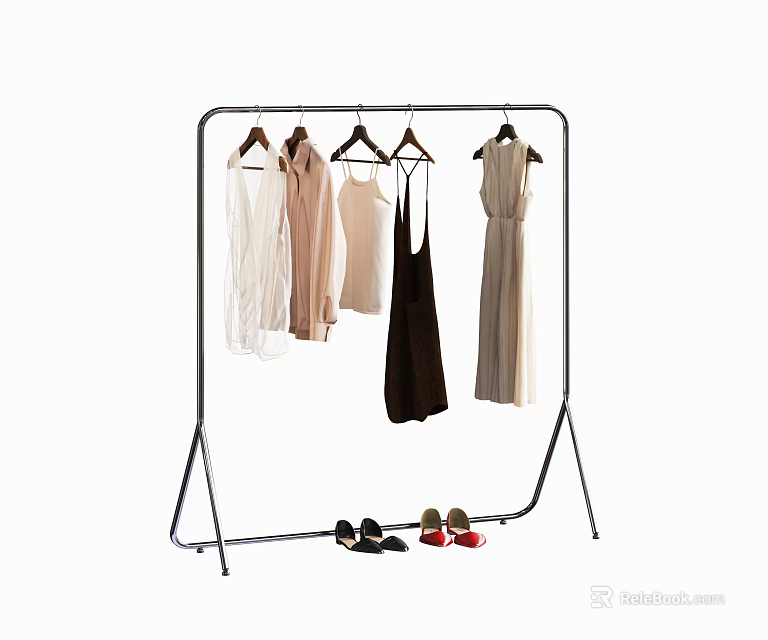 Standing Metal Clothing Rack With Hanging Clothes In Various Colors And Shoes On Bottom 3d model 