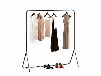 Standing Metal Clothing Rack With Hanging Clothes In Various Colors And Shoes On Bottom 3d model