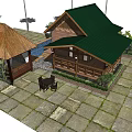 Wooden House with Veranda Gazebo Palm Trees and Stone Paved Patio Near Water and Mountains