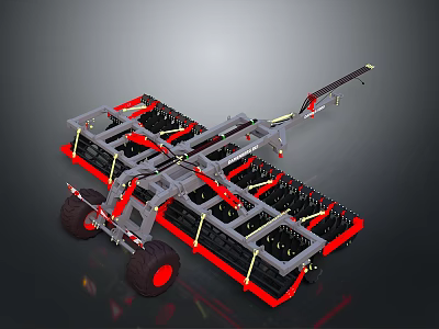 Agricultural Tillage Equipment With Metal Frame Red Black Components And Wheels 3d model