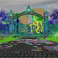 Building Exterior Wall With Ornate Iron Gate Falling Autumn Leaves Green Trees And Cobblestone Path