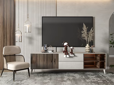 Modern Wooden TV Stand With Decorative Dolls Dried Flowers And Open Shelves 3d model