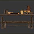 Rustic Wooden Table And Bench With Fresh Bread Cheese Eggs Mugs Bowls And Clay Vase