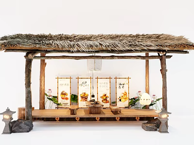 Garden Ornament With Thatched Roof Wooden Structure Scroll Paintings Potted Plants Lanterns And Stones 3d model