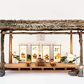 Garden Ornament With Thatched Roof Wooden Structure Scroll Paintings Potted Plants Lanterns And Stones