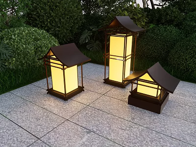 Outdoor Lantern Light Combination in Garden with Stone Pavement and Green Bushes 3d model