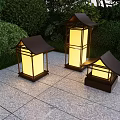 Outdoor Lantern Light Combination in Garden with Stone Pavement and Green Bushes