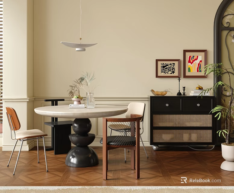 Modern Round Dining Table Set With Black Base Chairs And Woven Side Cabinet 3d model 