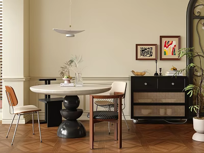 Modern Round Dining Table Set With Black Base Chairs And Woven Side Cabinet 3d model