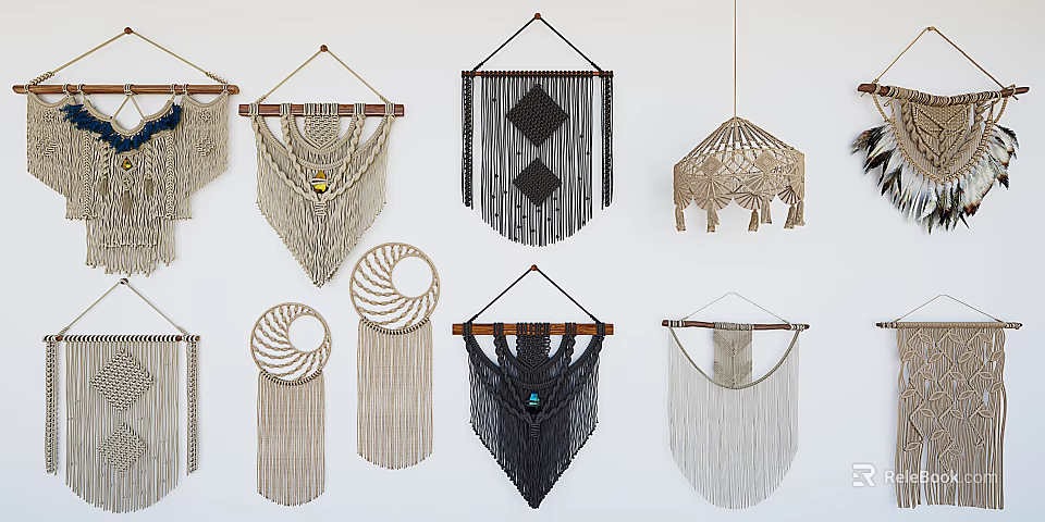Bohemian Macramé Wall Hangings For Home Decor With Various Geometric Patterns And Tassels 3d model 
