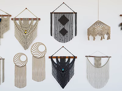 Bohemian Macramé Wall Hangings For Home Decor With Various Geometric Patterns And Tassels 3d model