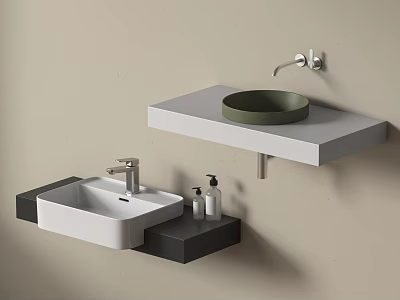 Modern White And Green Wall Mounted Washbasins With Black Gray Countertops And Soap Dispensers 3d model