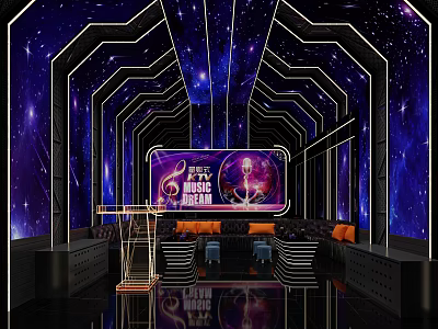 Starry Sky Themed KTV Room with Purple Blue Background Large Screen and Sofa Bar Setup 3d model