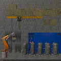 Industrial Workshop Setup Featuring Yellow Crane Orange Robotic Arm Blue Equipment And Metal Cylinders