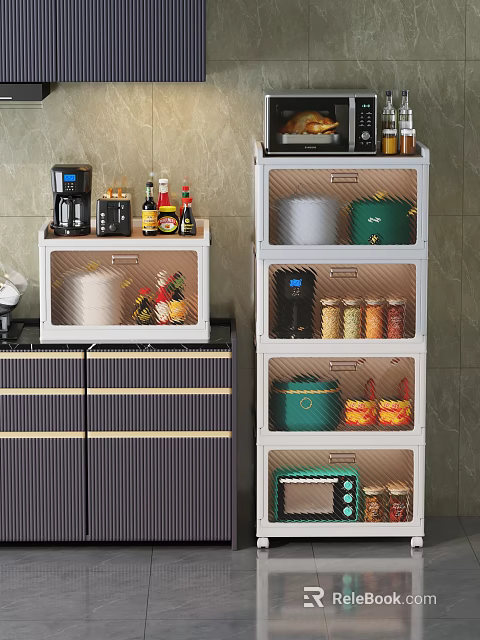 Modern Kitchen Storage Cabinet Rack With Organized Jars Pots And Coffee Maker 3d model 