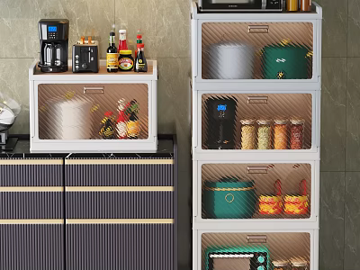Modern Kitchen Storage Cabinet Rack With Organized Jars Pots And Coffee Maker 3d model