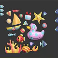 Colorful Marine Scene Components With Sailboat Starfish Duck Toy Coral Crab And Fish