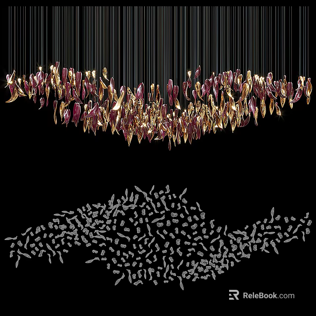 Unique Modern Chandelier With Golden And Purple Hanging Artistic Design Elements 3d model 