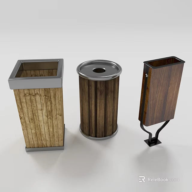 Three Different Styles of Trash Cans with Wooden Texture and Metal Frames 3d model 