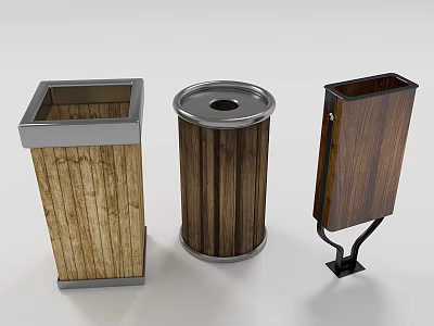 Three Different Styles of Trash Cans with Wooden Texture and Metal Frames 3d model