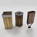 Three Different Styles of Trash Cans with Wooden Texture and Metal Frames