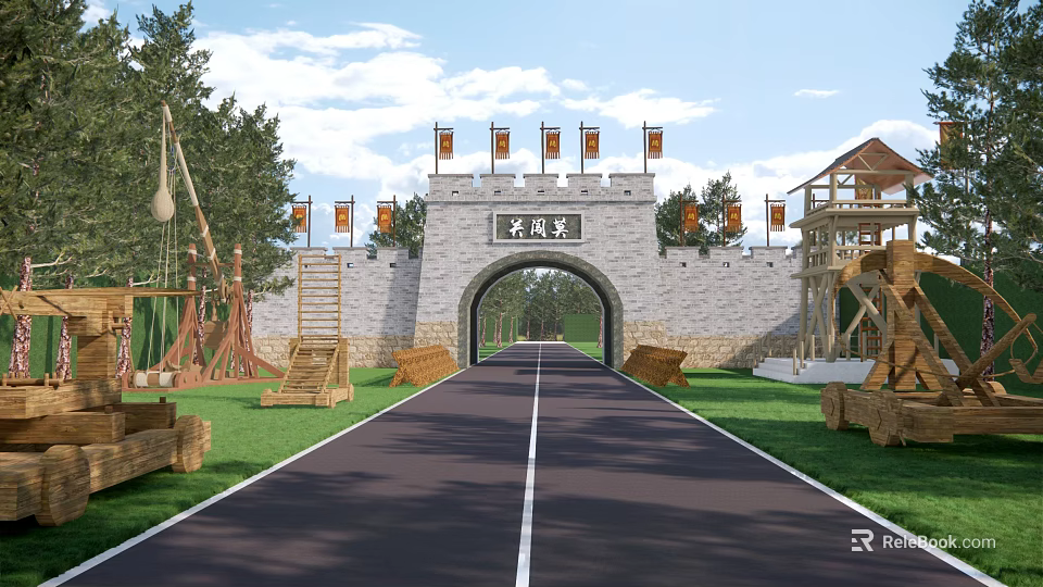 Ancient Style Gate with City Wall Flags Road and Wooden Buildings in Grassland 3d model 