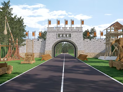 Ancient Style Gate with City Wall Flags Road and Wooden Buildings in Grassland 3d model