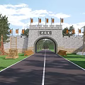 Ancient Style Gate with City Wall Flags Road and Wooden Buildings in Grassland