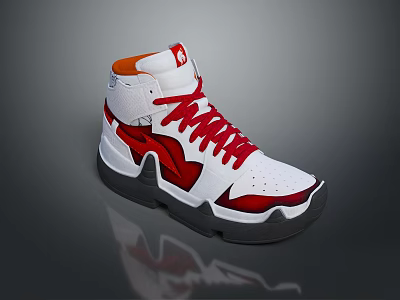 White and Red High Top Sneakers with Stylish Red Laces Black Sole and Modern Design 3d model