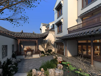 Traditional Chinese Garden Landscape Featuring Courtyard Traditional Architecture Pond Lotus Leaves And Stone Decorations 3d model