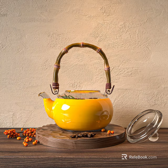 Yellow Ceramic Teapot With Bamboo Handle On Wooden Tray Transparent Lid And Orange Berries Spices 3d model 