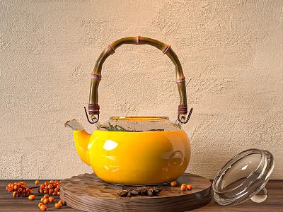 Yellow Ceramic Teapot With Bamboo Handle On Wooden Tray Transparent Lid And Orange Berries Spices 3d model