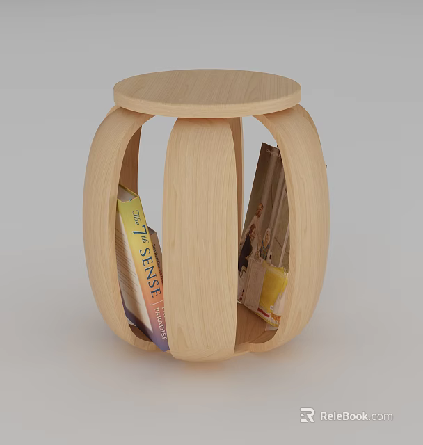 Light Wood Round Stool with Hollow Design for Book Storage in Modern Style 3d model 