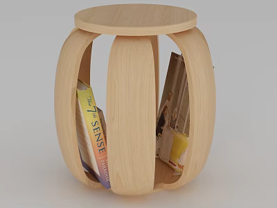 Light Wood Round Stool with Hollow Design for Book Storage in Modern Style 3d model