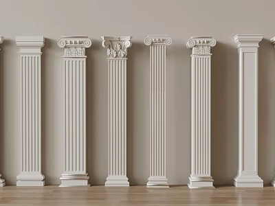 White Roman Columns With Different Capital Designs Against Light Colored Wall And Wooden Floor 3d model