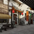 Traditional Commercial Street With Ancient Architecture Shops Red Lanterns And Pedestrians