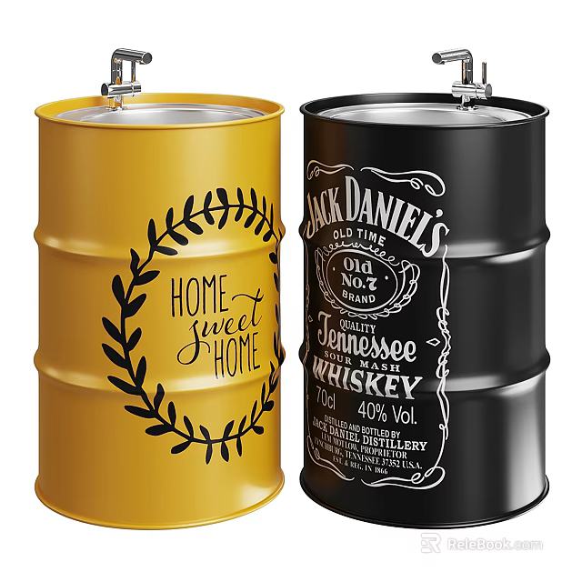 Vintage Barrel Shaped Wash Basin in Yellow and Black with Decorative Designs 3d model 