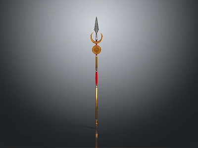 Ancient Decorative Spear Featuring Metal Spearhead Golden Shaft Red Accents And Crescent Ornament 3d model