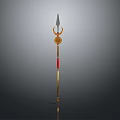 Ancient Decorative Spear Featuring Metal Spearhead Golden Shaft Red Accents And Crescent Ornament