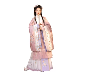 Woman In Pink Traditional Hanfu With Floral Patterns Long Hair And Hair Accessories 3d model