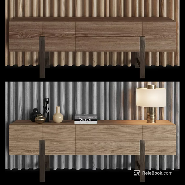 Modern Light Wood Sideboard With Vase Table Lamp And Coffee Book On Striped Wall 3d model 