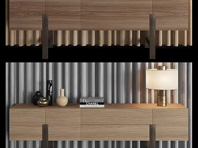 Modern Light Wood Sideboard With Vase Table Lamp And Coffee Book On Striped Wall 3d model