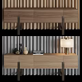 Modern Light Wood Sideboard With Vase Table Lamp And Coffee Book On Striped Wall